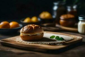 un' Sandwich su un' di legno taglio tavola. ai-generato foto