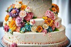 un' tre stanco torta con colorato fiori su esso. ai-generato foto
