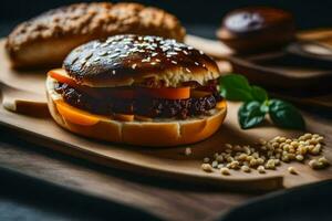 un' Hamburger con formaggio e carne su un' di legno taglio tavola. ai-generato foto