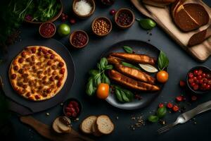 un' Pizza con verdure e pane su un' buio sfondo. ai-generato foto