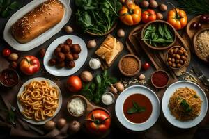 italiano cibo ingredienti su un' buio tavolo. ai-generato foto