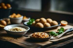 un' di legno tavolo con ciotole di cibo e altro ingredienti. ai-generato foto