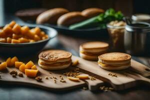 un' di legno taglio tavola con panini e altro cibo. ai-generato foto