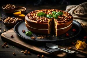 un' torta con noccioline e formaggio su un' nero piatto. ai-generato foto