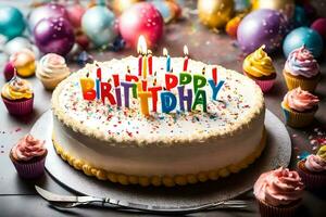 un' compleanno torta con candele e cupcakes su un' tavolo. ai-generato foto