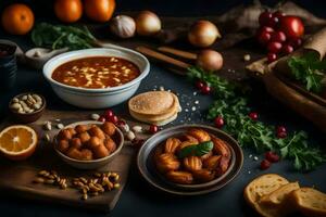 un' varietà di cibo su un' buio tavolo. ai-generato foto