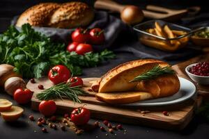 pane, pomodori, erbe aromatiche e pane su un' taglio tavola. ai-generato foto