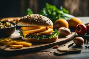 un' Hamburger con formaggio e verdure su un' di legno taglio tavola. ai-generato foto