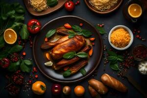 un' piatto di cibo con la verdura, pane e carne. ai-generato foto