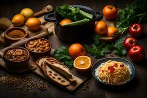 spaghetti, pane, arance, e altro ingredienti su un' tavolo. ai-generato foto