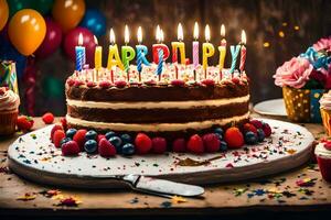 un' compleanno torta con candele su superiore e colorato palloncini. ai-generato foto