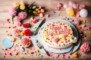 un' compleanno torta con coriandoli e fiori su un' di legno tavolo. ai-generato foto