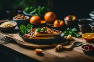 un' piatto di cibo con arance, noccioline e spezie. ai-generato foto