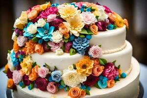 un' nozze torta con colorato fiori su superiore. ai-generato foto