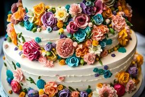 un' tre stanco torta con colorato fiori su superiore. ai-generato foto