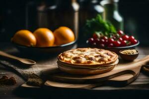 un' torta su un' di legno taglio tavola con altro ingredienti. ai-generato foto