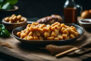 un' piatto di patate con salsa e un' di legno sfondo. ai-generato foto