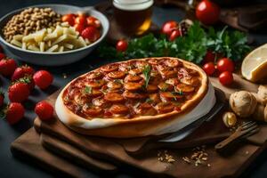 un' Pizza con salsiccia, pomodori e altro ingredienti. ai-generato foto