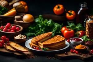 Alimenti su un' tavolo con pane, verdure e frutta. ai-generato foto