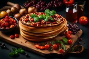 un' Pizza con pomodori, basilico e altro ingredienti. ai-generato foto