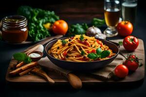 italiano pasta nel un' ciotola con pomodori e verdure su un' di legno tavolo. ai-generato foto