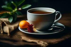 un' tazza di tè con arancia e fiori su un' di legno tavolo. ai-generato foto