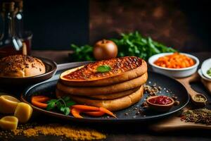 un' piatto di cibo con pane, verdure e spezie. ai-generato foto