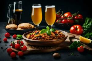 spaghetti con pomodoro salsa, pane e birra su un' buio tavolo. ai-generato foto