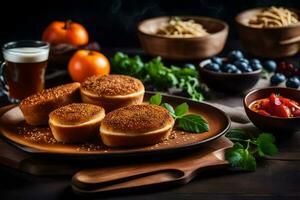 al forno pane con formaggio e pomodoro salsa su un' di legno piatto. ai-generato foto