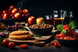 un' varietà di cibo Compreso pasta, frutta, e verdure. ai-generato foto