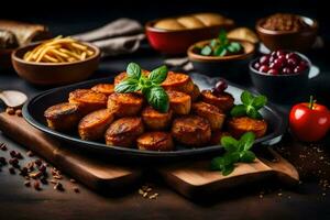 fritte patate con erbe aromatiche e spezie su un' nero piatto. ai-generato foto