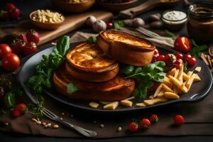 francese crostini con formaggio e pomodori su un' nero sfondo. ai-generato foto