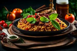 pasta con pomodoro salsa e verdure su un' di legno tavolo. ai-generato foto