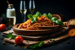 spaghetti con pomodori e basilico le foglie nel un' di legno ciotola. ai-generato foto