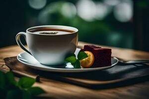 un' tazza di tè e un' fetta di torta su un' di legno tavolo. ai-generato foto