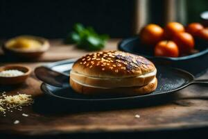 un' Hamburger su un' piatto con pomodori e altro ingredienti. ai-generato foto