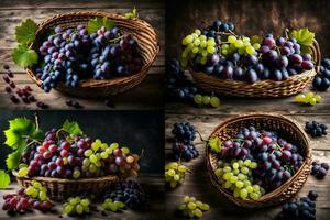 quattro diverso immagini di uva nel un' cestino. ai-generato foto