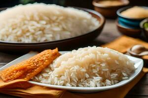 un' piatto di riso e carote su un' di legno tavolo. ai-generato foto