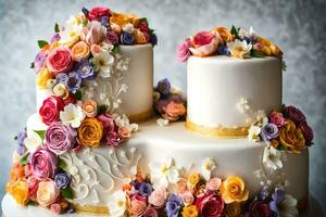 un' tre stanco torta con colorato fiori su superiore. ai-generato foto