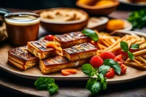 un' piatto di cibo con francese patatine fritte e verdure. ai-generato foto