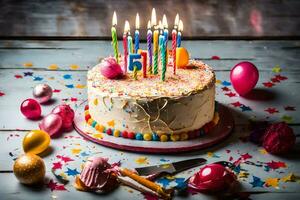 compleanno torta con candele e coriandoli su un' di legno tavolo. ai-generato foto