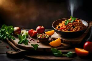 spaghetti con pomodori, basilico e spezie. ai-generato foto