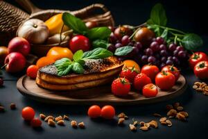 Alimenti su un' piatto con pomodori, peperoni, e altro frutta. ai-generato foto