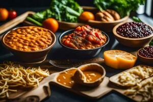 un' varietà di Alimenti Compreso pasta, fagioli, e verdure. ai-generato foto