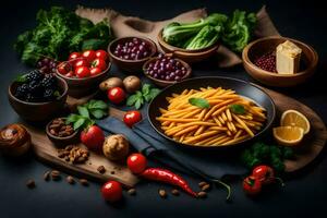 pasta con verdure e frutta su un' nero sfondo. ai-generato foto