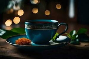 un' tazza di tè su un' di legno tavolo con un' leggero sfondo. ai-generato foto
