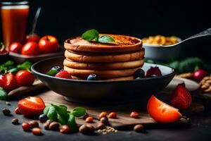 Pancakes con frutti di bosco e noccioline su un' nero sfondo. ai-generato foto