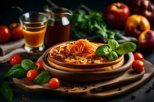 spaghetti con pomodoro salsa e verdure su un' di legno piatto. ai-generato foto