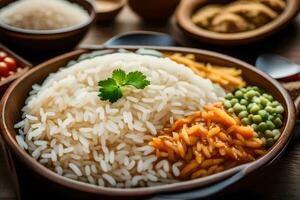 un' ciotola di riso con piselli, carote e piselli. ai-generato foto