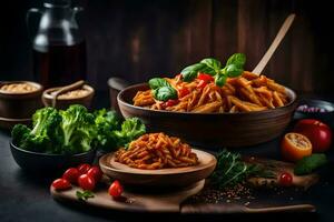 italiano pasta con pomodoro salsa e verdure. ai-generato foto